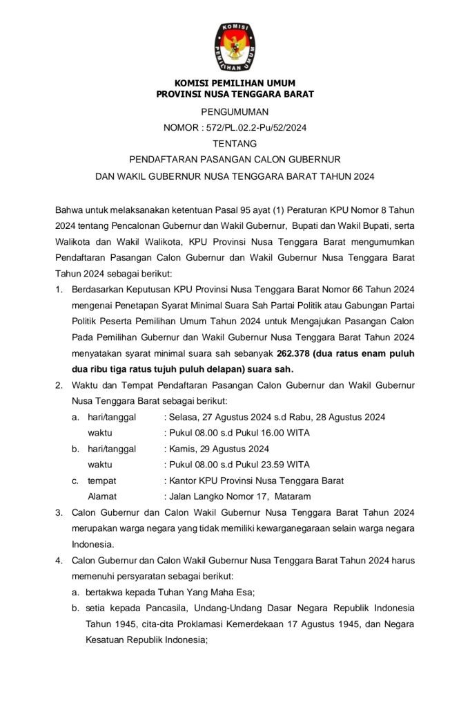BERIKUT PENGUMUMAN KPU NTB TERKAIT PENDAFTARAN PASLON GUBERNUR/WAKIL GUBERNUR NTB