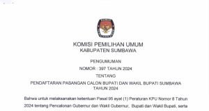PENGUMUMAN KPU SUMBAWA TERKAIT PENDAFTARAN PASLON BUPATI/WAKIL BUPATI SUMBAWA 2024