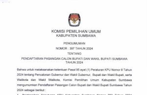 PENGUMUMAN KPU SUMBAWA TERKAIT PENDAFTARAN PASLON BUPATI/WAKIL BUPATI SUMBAWA 2024