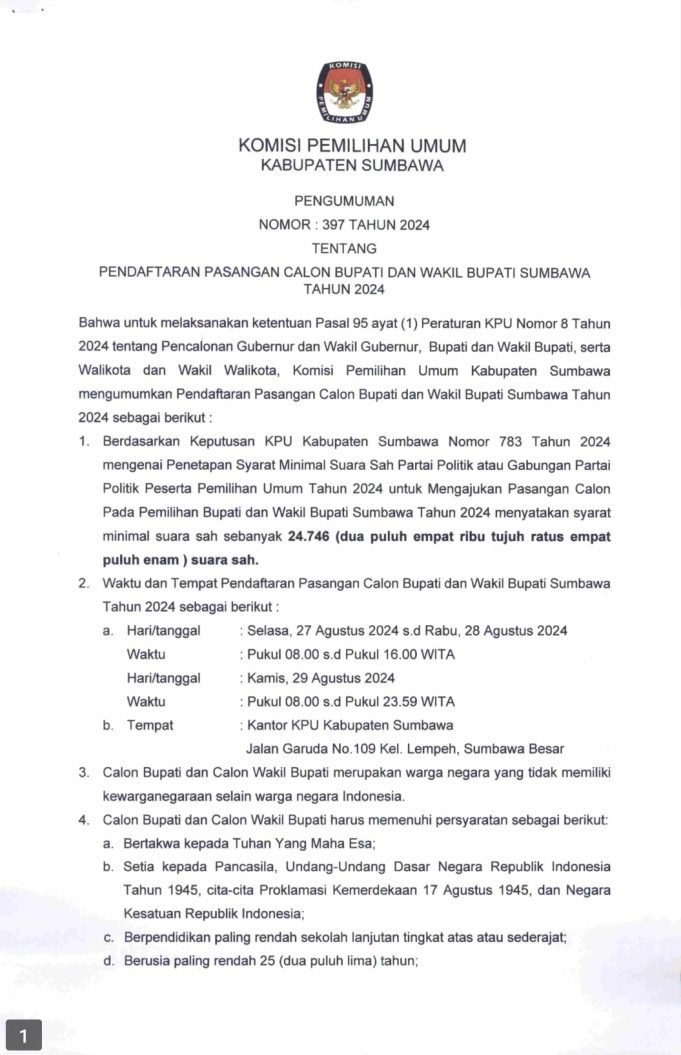 PENGUMUMAN KPU SUMBAWA TERKAIT PENDAFTARAN PASLON BUPATI/WAKIL BUPATI SUMBAWA 2024