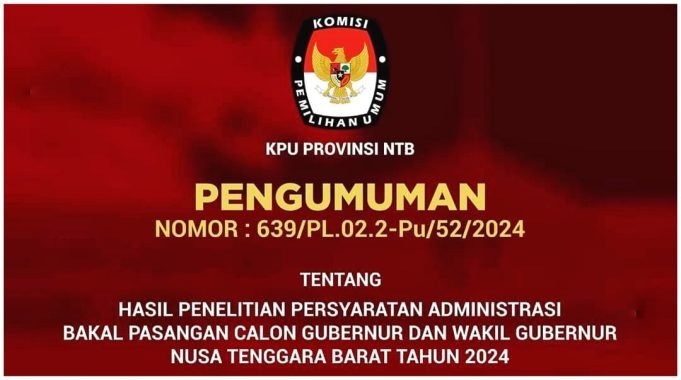 PENGUMUMAN KPU NTB : HASIL PENELITIAN PERSYARATAN ADMINISTRASI BAPASLON GUBERNUR DAN WAKIL GUBERNUR NTB 2024