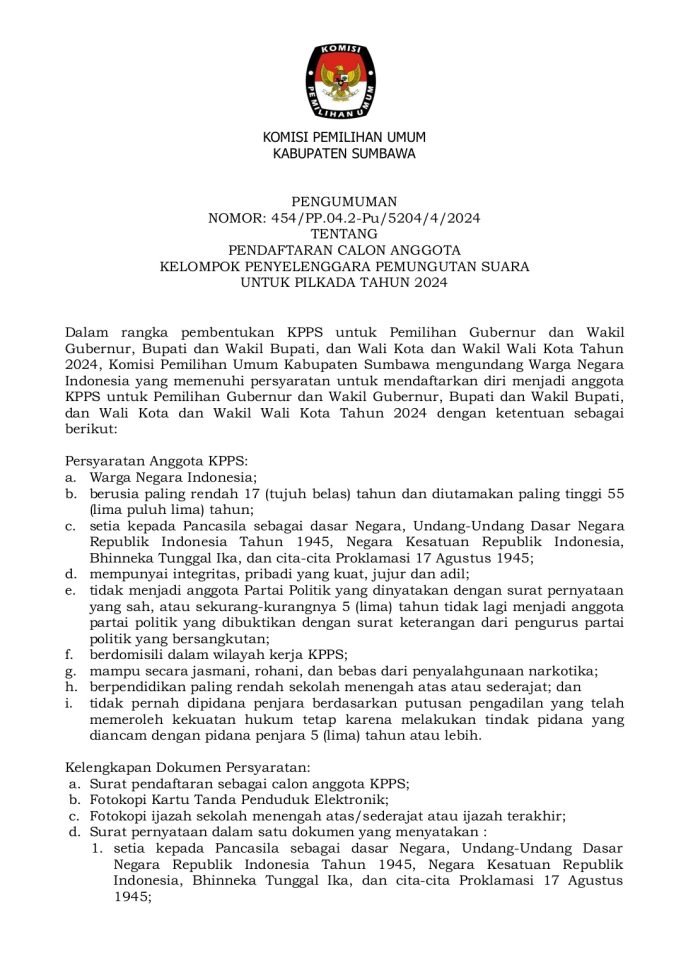KPU Sumbawa : Pengumuman Pendaftaran KPPS Pilkada 2024
