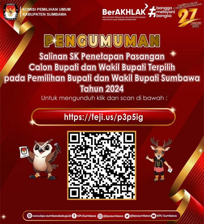 PENGUMUMAN SALINAN SK PENETAPAN PASLON BUPATI/WAKIL BUPATI SUMBAWA TERPILIH 2024