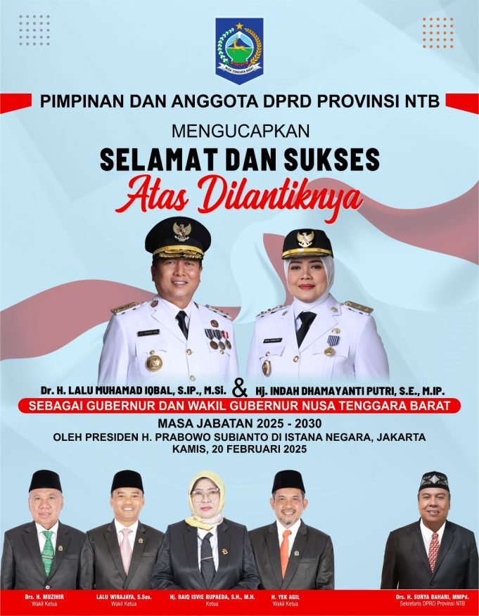 Keluarga Besar DPRD NTB : Selamat Atas Dilantiknya H Lalu Muhamad Iqbal dan Hj Indah Dhamayanti Putri