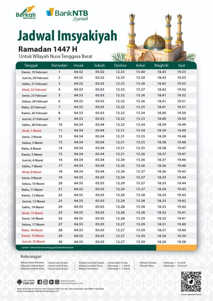Bank NTB Syariah : Jadwal Imsyakiyah Ramadhan 1447 Hijriah